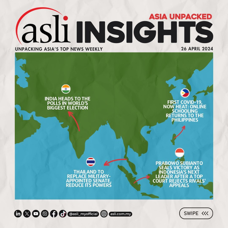 ASLI INSIGHTS: Asia Unpacked

This week’s Asia top news from ASLI:

1) India heads to the polls in world’s biggest election - https://edition.cnn.com/2024/04/18/india/india-general-election-polls-open-intl-hnk/index.html

2) Prabowo Subianto seals victory as Indonesia’s next leader after a top court rejects rivals’ appeals - https://www.thestar.com.my/aseanplus/aseanplus-news/2024/04/22/prabowo-subianto-seals-victory-as-indonesia039s-next-leader-after-a-top-court-rejects-rivals039-appeals

3) Thailand to replace military-appointed Senate, reduce its powers - https://www.reuters.com/world/asia-pacific/thailand-replace-military-appointed-senate-reduce-its-powers-2024-04-23/#:~:text=BANGKOK%2C%20April%2023%20(Reuters),on%20who%20leads%20the%20country 

4) First COVID-19, now heat: Online schooling returns to the Philippines - https://www.channelnewsasia.com/asia/philippines-heat-online-school-returns-climate-change-covid-19-4287861

Stay tuned for more top news in Asia handpicked by ASLI and for our curated weekly roundup!
Follow us for more insights: https://linktr.ee/asli_myofficial

#ASLI #EmpoweringLeaders #AdvancingSocieties #Asia #News #India #Indonesia #Thailand #Philippines