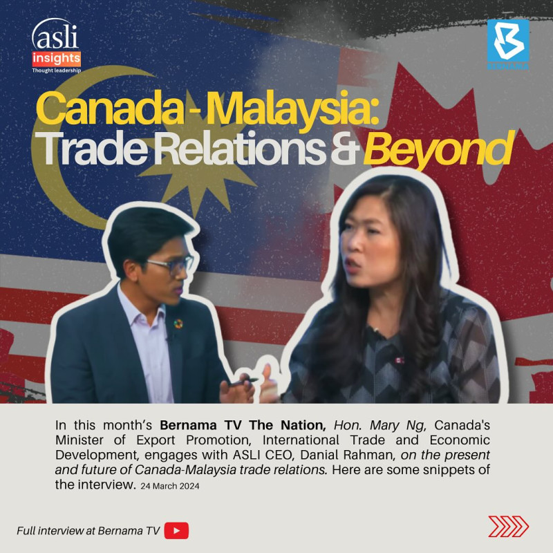 On 24 March 2024, CEO of ASLI interviewed The Hon. @mary_ng, Canada’s Minister of Export Promotion, International Trade and Economic Development on the present and future of Canada-Malaysia trade relations. 

Watch the full interview here: https://linktr.ee/asli_myofficial